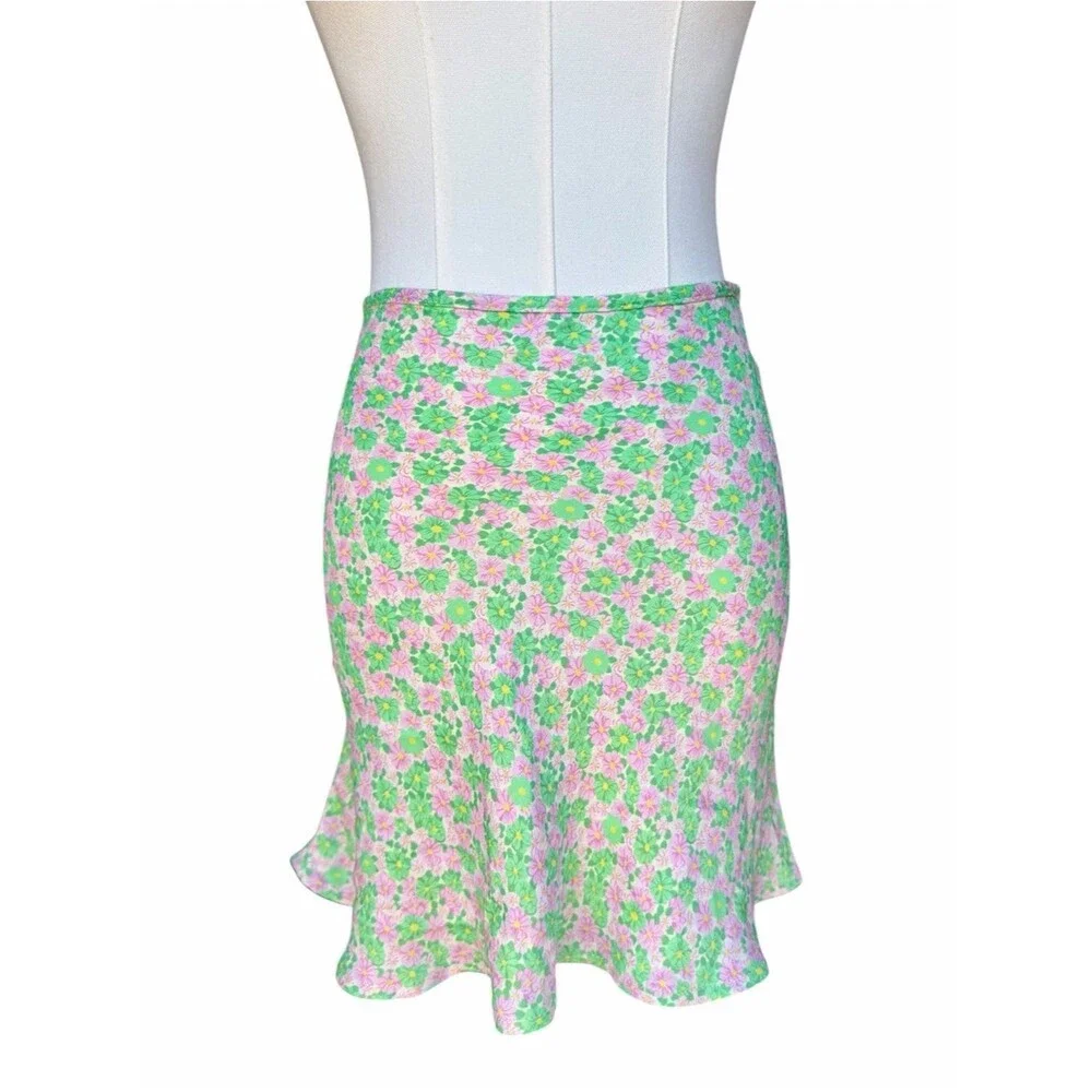 Zara Floral Mini Skirt Green Pink A-Line Cottagecore Y2K Spring Medium Short